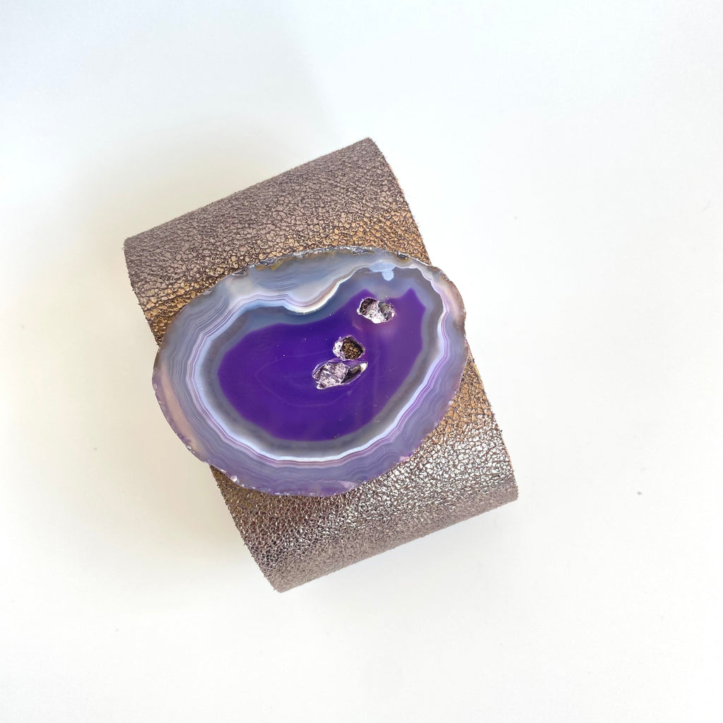 Brazalete Plateado Acero Ágata Morada